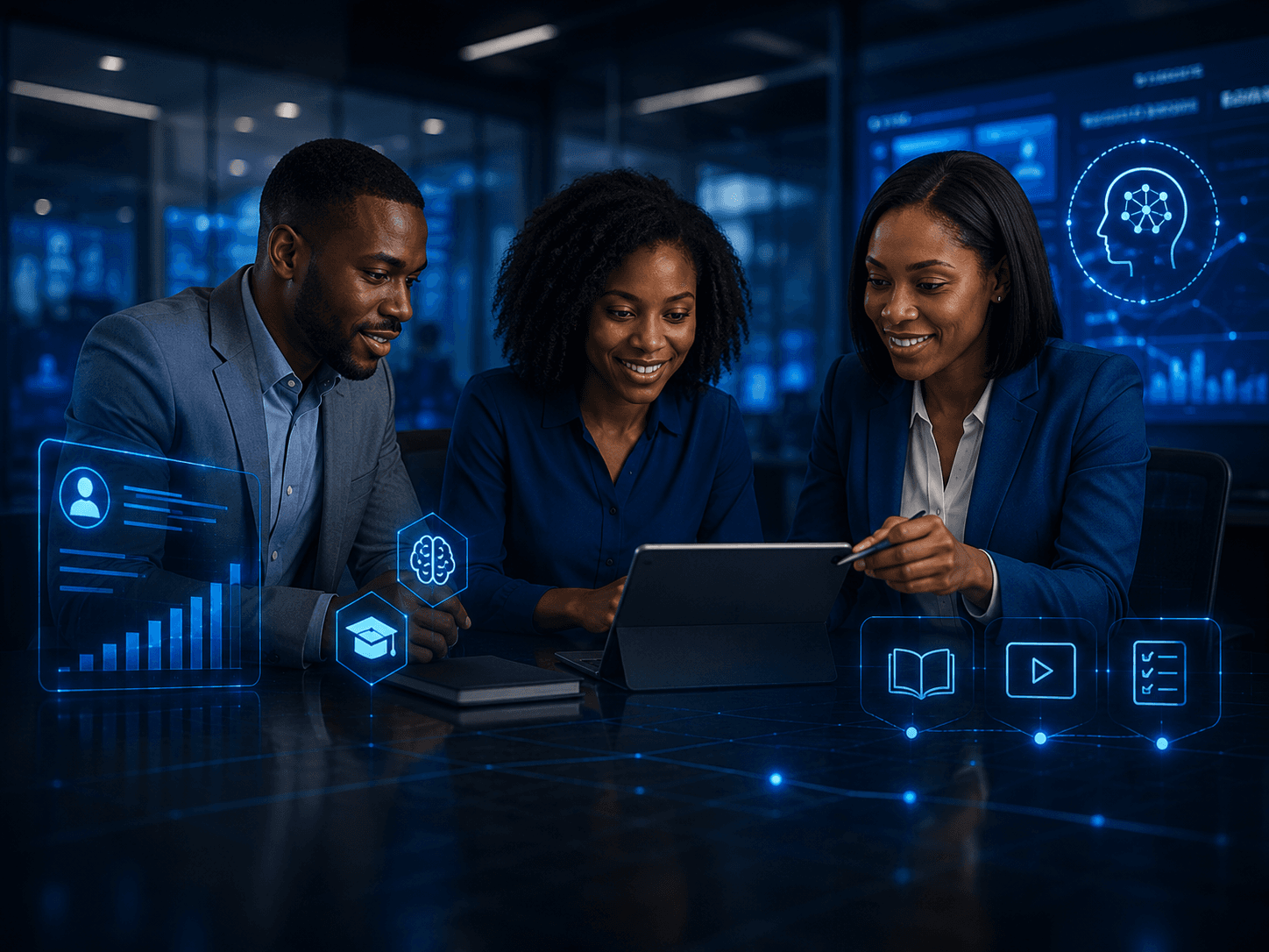 Team using a digital learning platform in a connected workplace