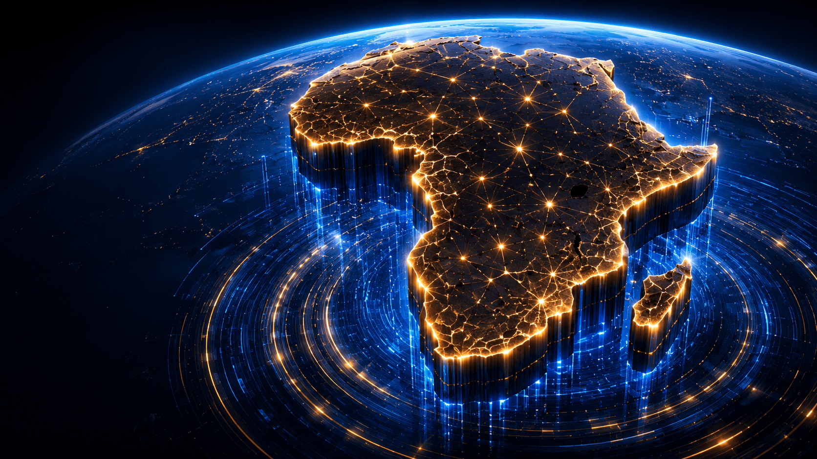 Digital map of Africa connected by illuminated technology networks