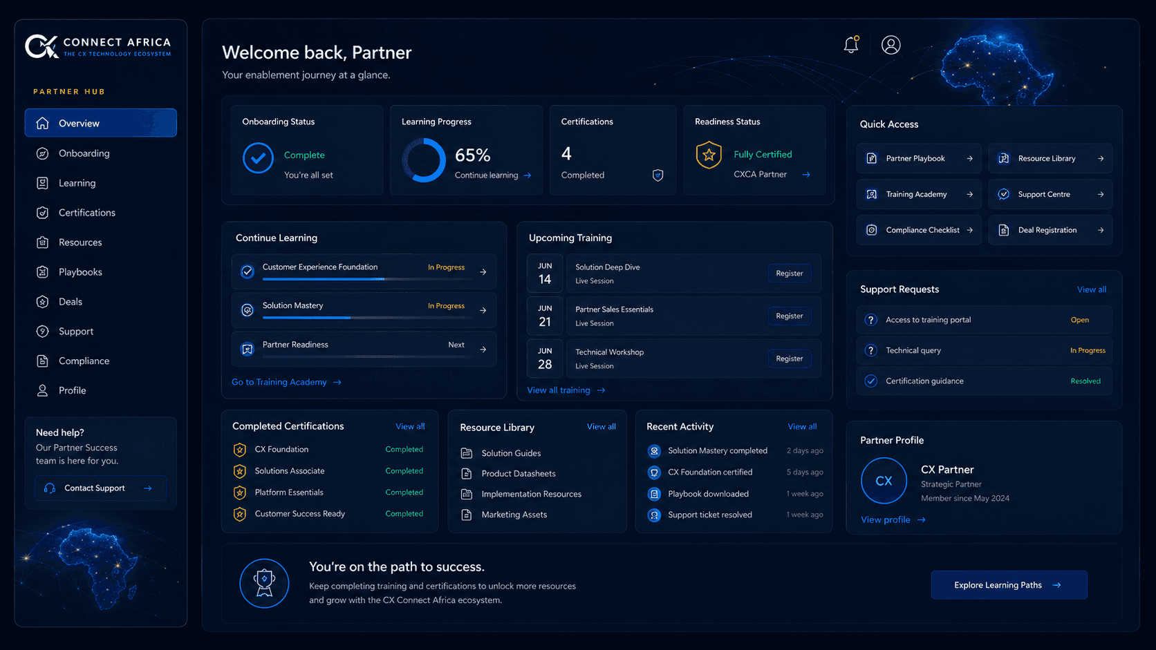 CX Connect Africa Partner Hub workspace with training, resources and support pathways.